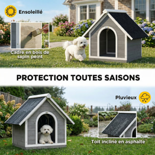 Niche pour chien bois gris blanc toit bitumé dim. 101x83x85cm