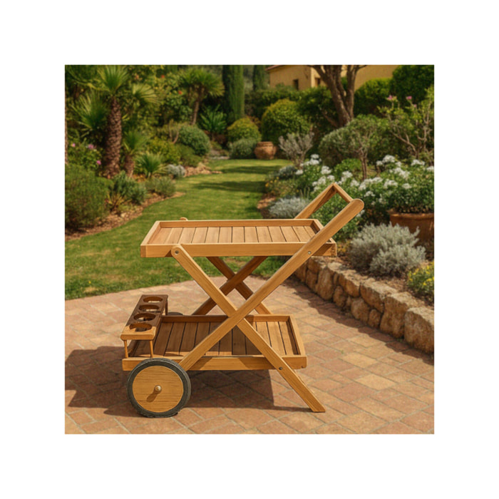 Desserte 2 plateaux 4 porte-bouteilles en bois de teck massif – TECKIA