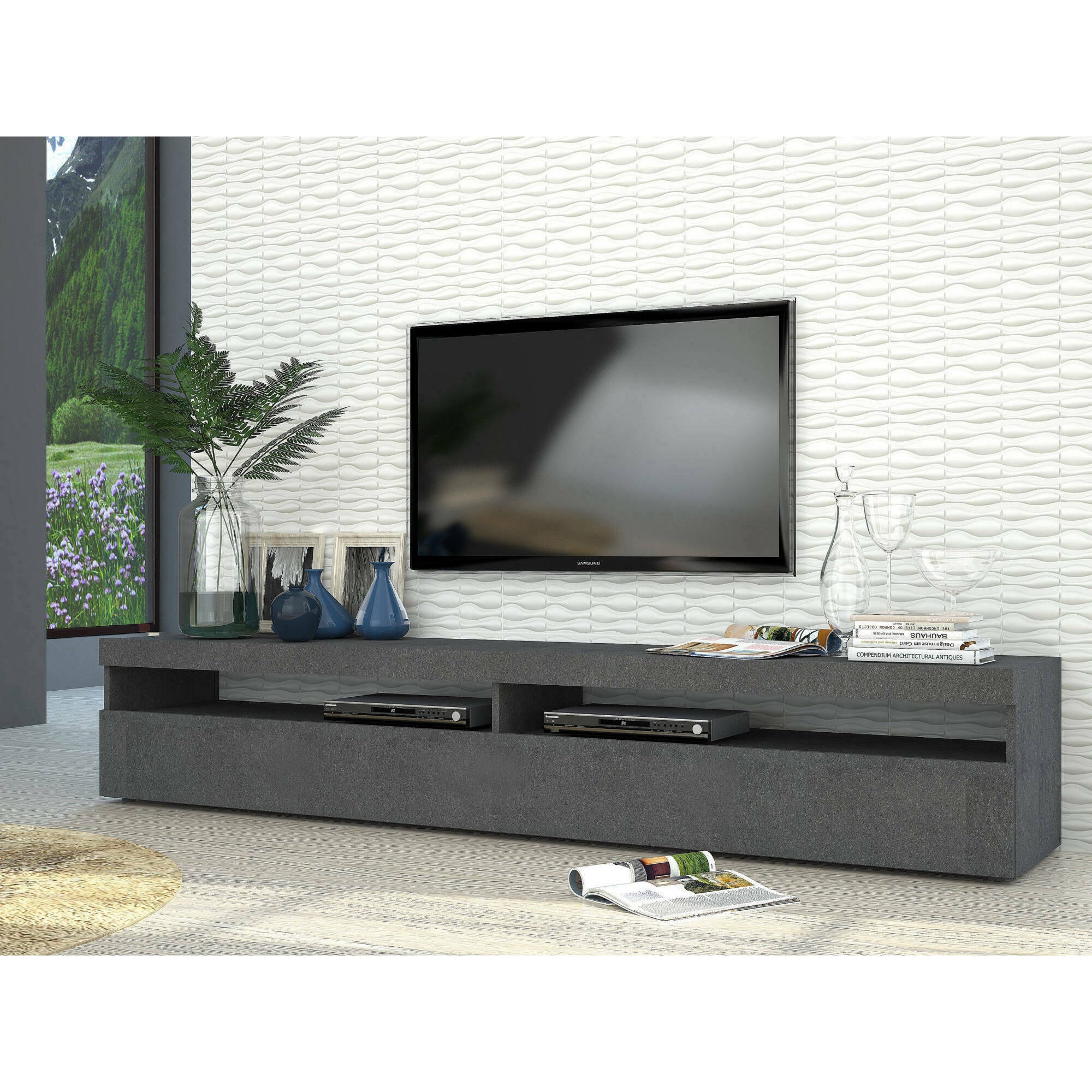 Mobile da soggiorno Porta TV, Made in Italy, Supporto per TV da salotto a 2 ante a ribalta, cm 200x45h36, colore Grigio Cenere