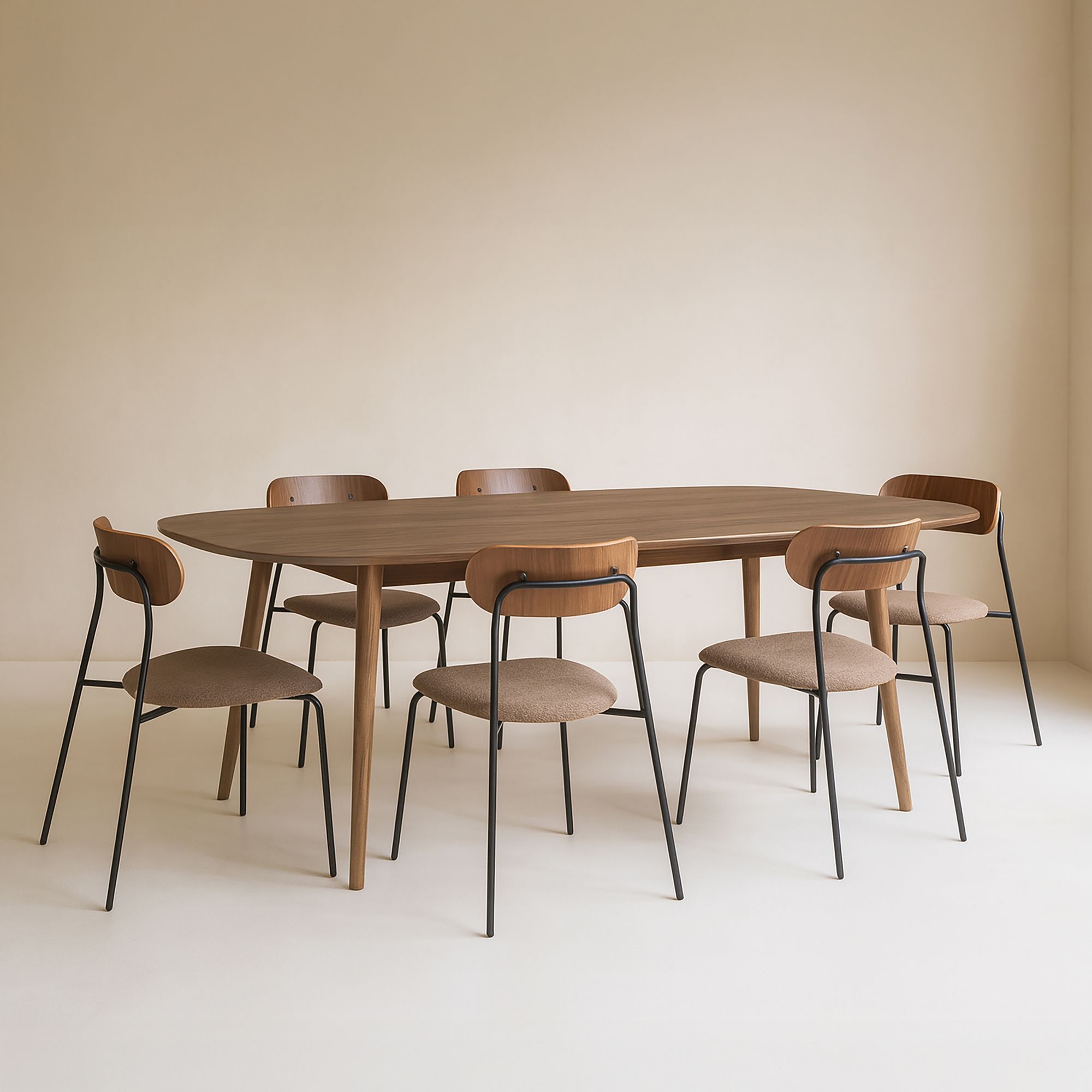 Ensemble table rectangulaire effet bois et 6 chaises marron