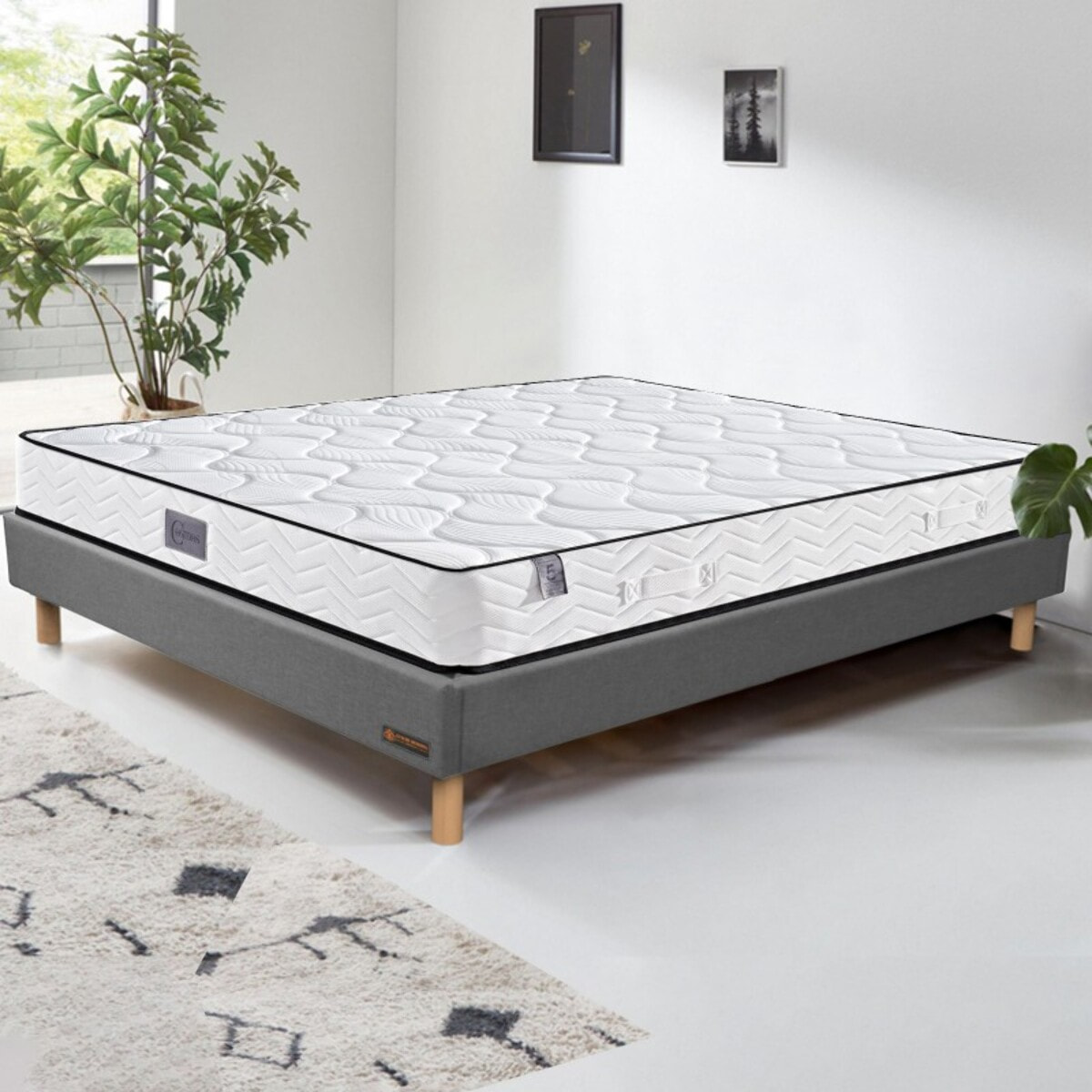 Ensemble Matelas Cosmos & sommier | Mémoire de forme et ressorts ensachés | Cadre à lattes | Tissu | Gris Clair