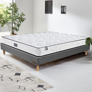 Ensemble Matelas Cosmos ressorts et mémoire de forme avec son sommier sophia en tissu gris clair