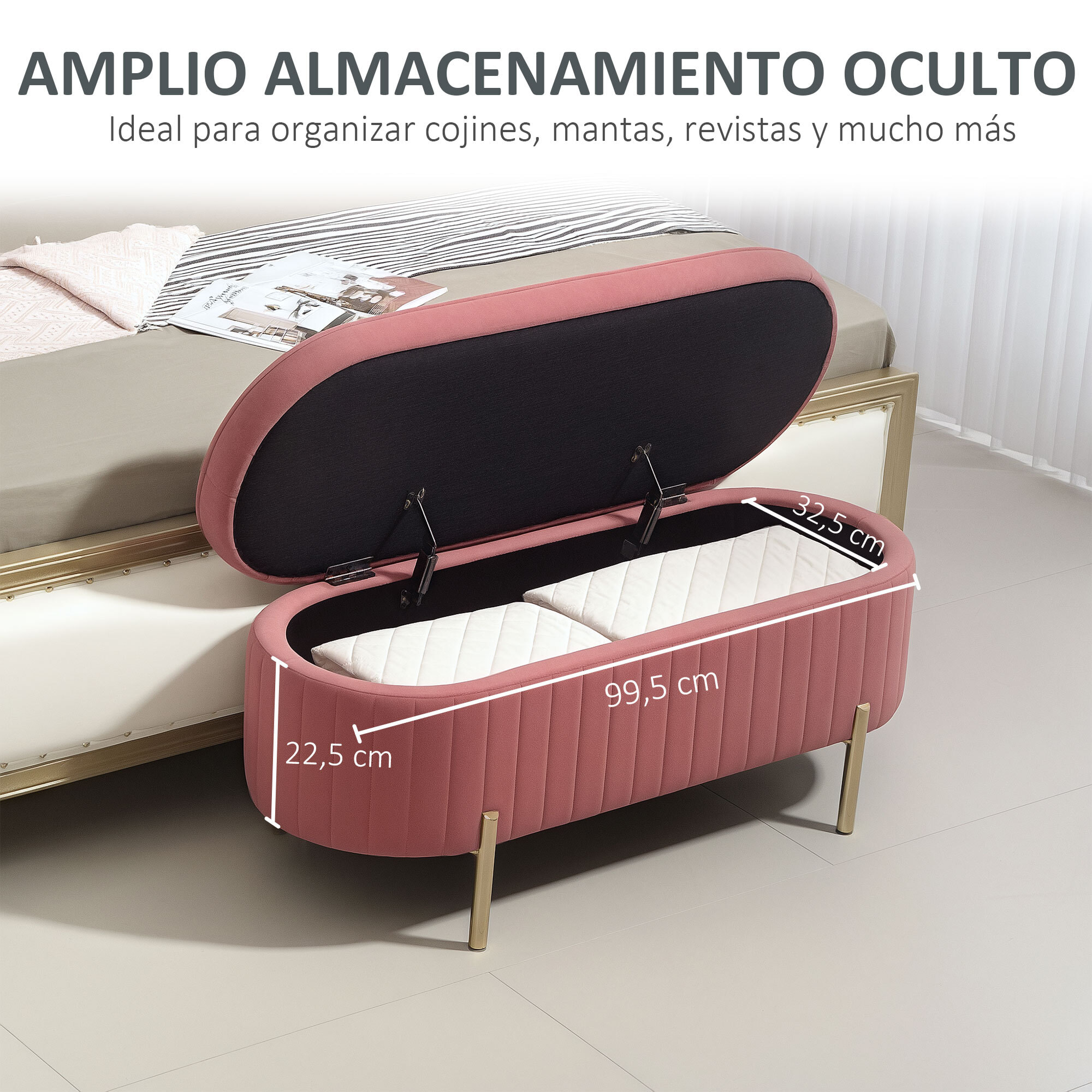 Banco Pie de Cama Tapizado en Terciopelo Puff Almacenaje con Espacio de Almacenaje y Patas Doradas Banqueta para Dormitorio Entrada 108x44x43,5 cm Rosa