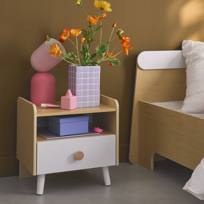 Table de chevet enfant effet bois. blanc. 1 tiroir