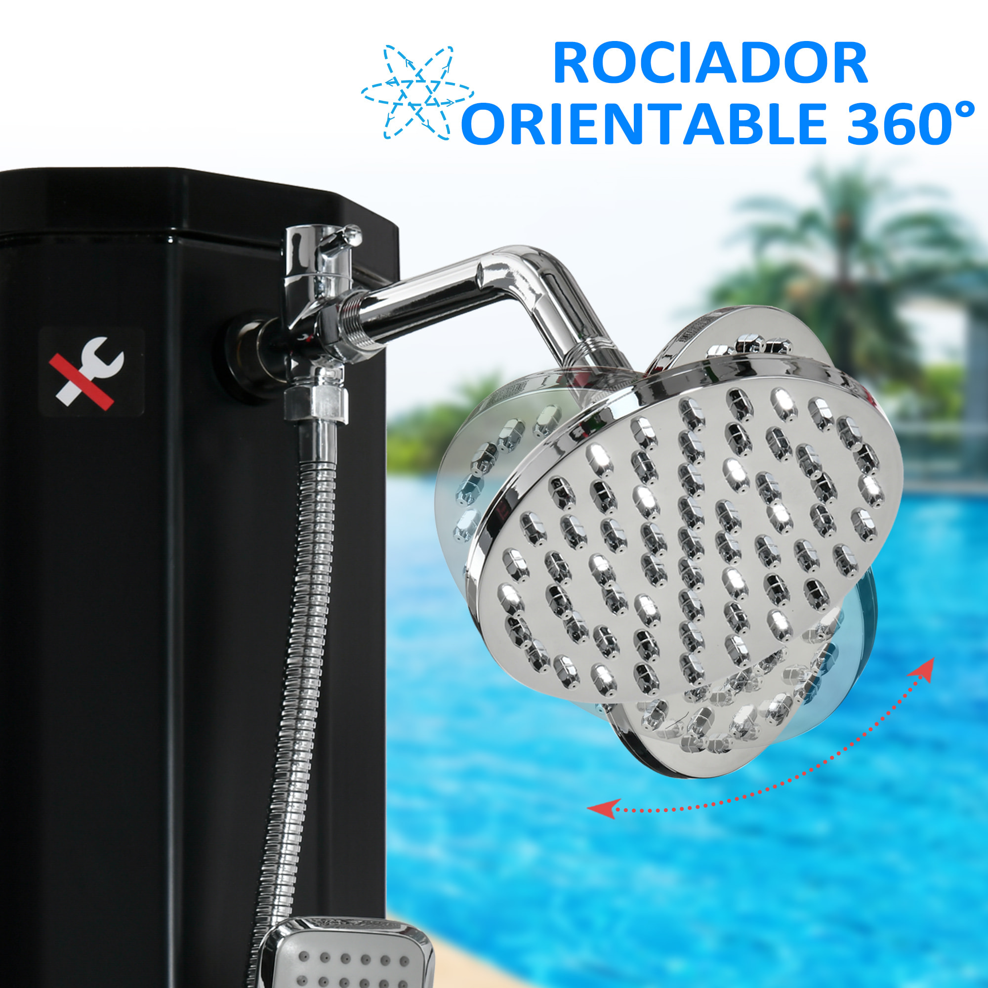 Ducha Solar de Exterior 35 L Ducha de Jardín con 2 Cabezales de Ducha Grifo y Agua Caliente 0-55„ƒ para Piscina Patio Playa 17,5x14,5x216 cm Negro
