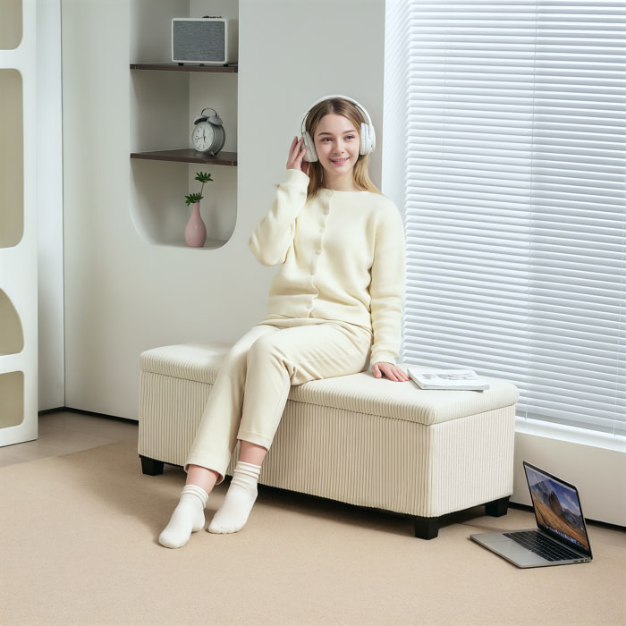 Puff Almacenaje, Banco Almacenaje Plegable, Capacidad de 84 L, 112x42x40 cm, Tapizado en Pana, Pie de Cama, para Sala de Estar, Dormitorio, Entrada, Beige