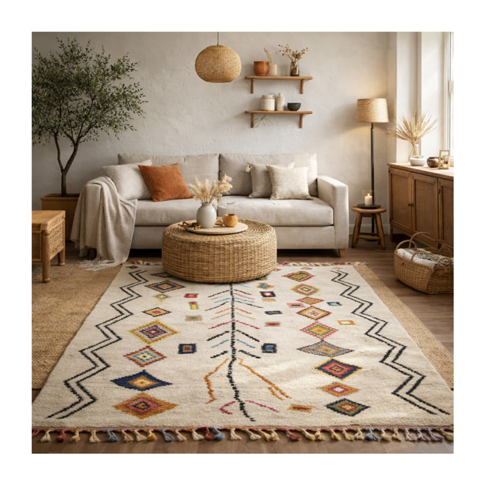 Tapis Mevo crème et multicolore motif traditionnel berbère