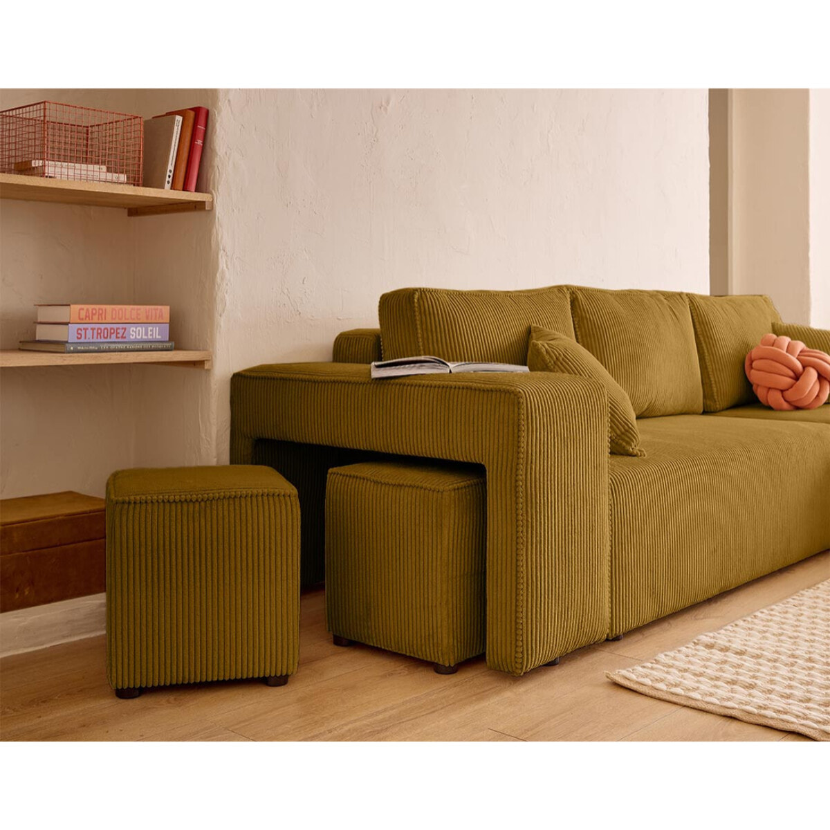 Topaze - canapé d'angle réversible 4 places - convertible avec coffre, tablette et poufs - en velours côtelé - Jaune