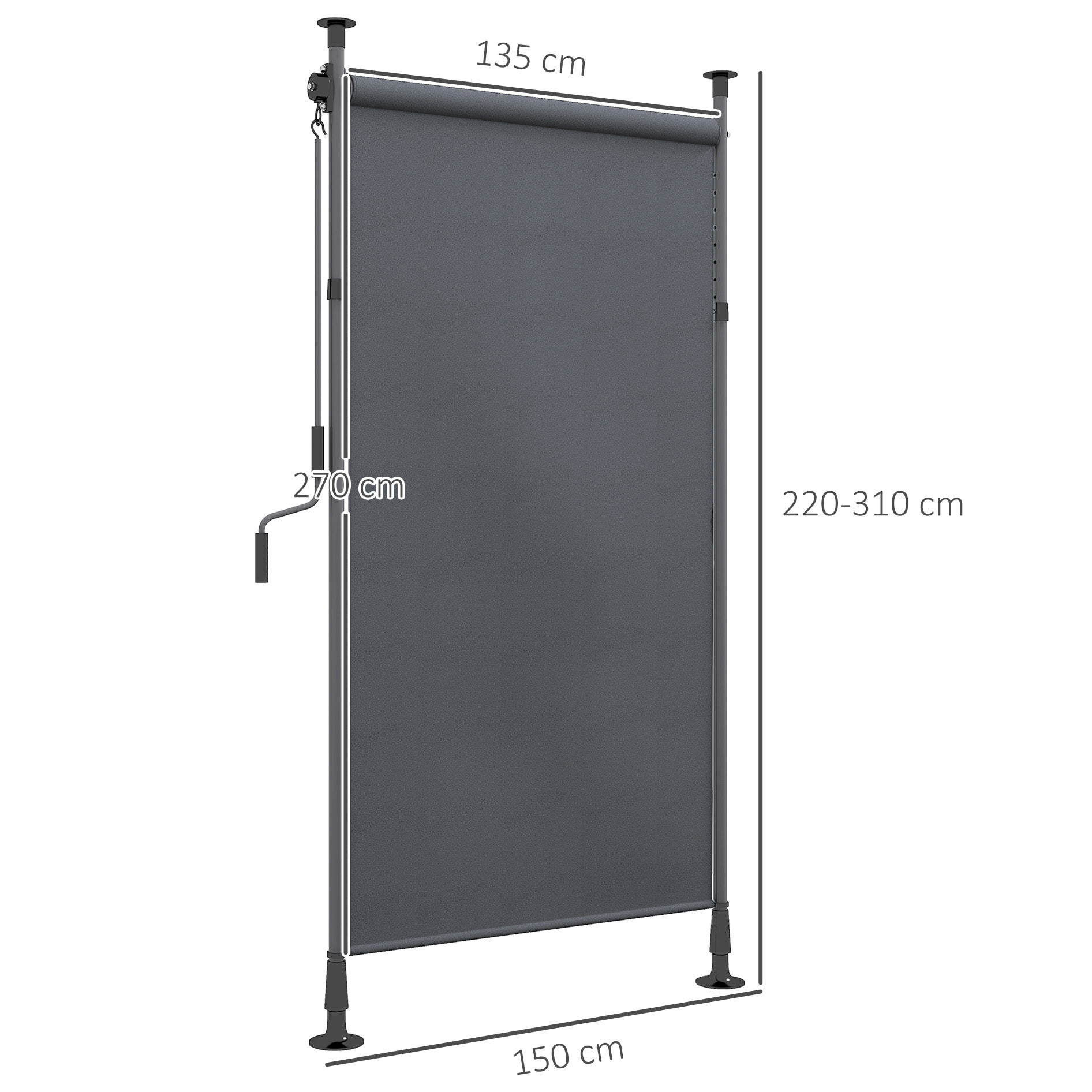 Store extérieur sur pied store manuel rétractable enroulable réglable dim. 1,5 x 2,2-3,1 m avec manivelle métal alu. polyester gris foncé