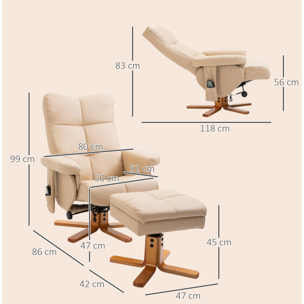 Sillón Relax Reclinable con Reposapiés Sillón de Masaje Eléctrico de PU con 10 Puntos de Masaje Función Reclinable Giratorio 360° Mando a Distancia Bolsillo Lateral para Salón Oficina Crema