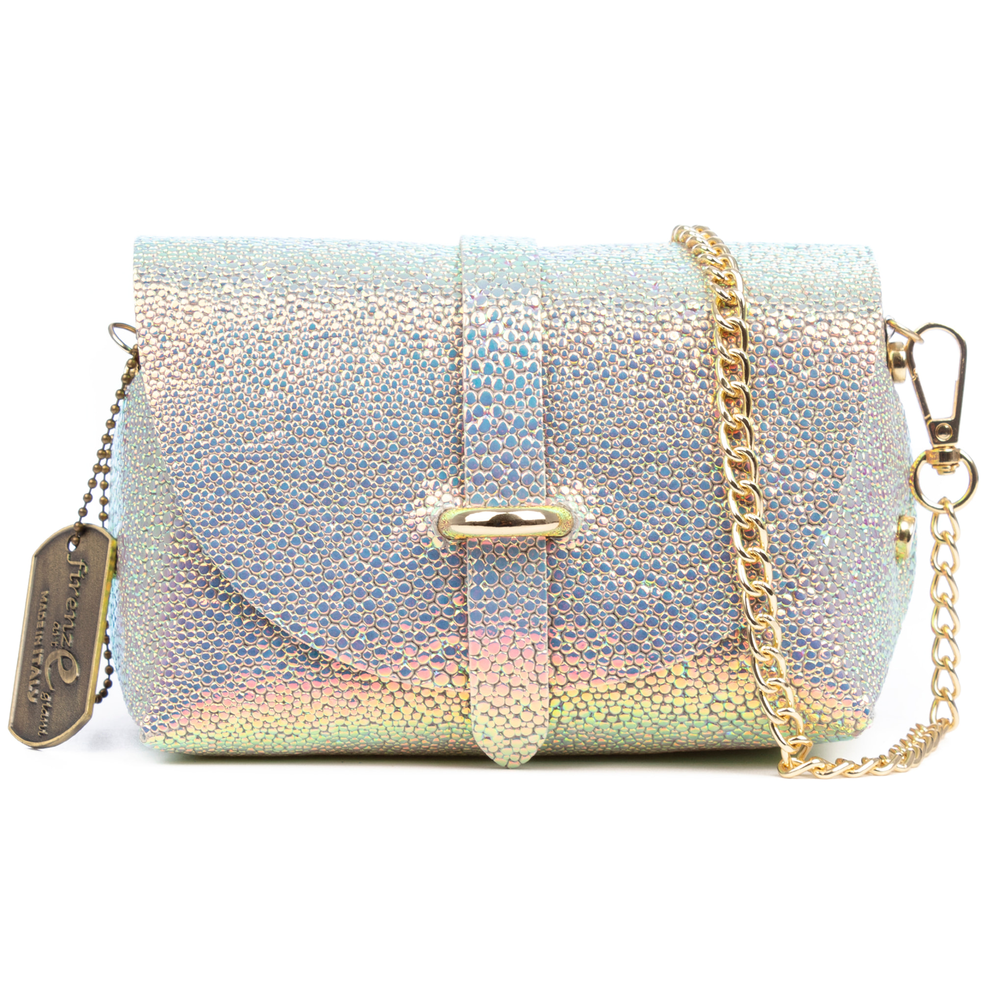 Aurora Borsa a tracolla Donna. Pelle scamosciata autentica finitura iridescente.