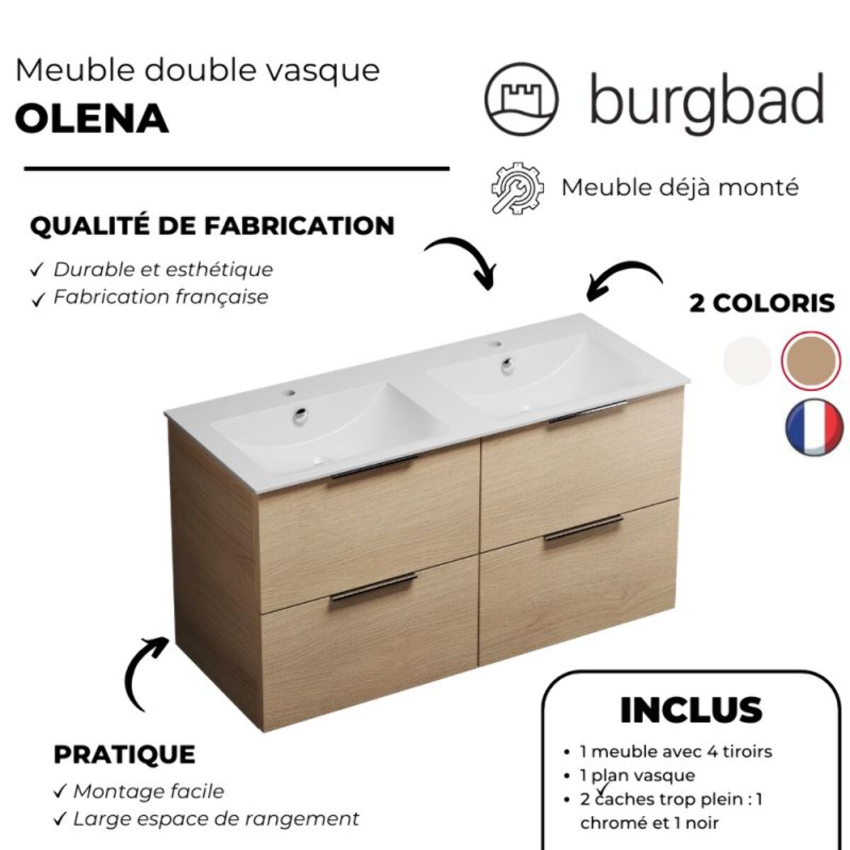Meuble double vasque 120 cm BURGBAD Olena chêne clair + colonne