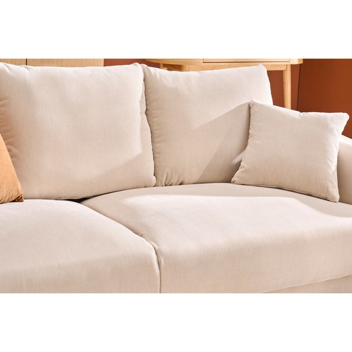 Canapé design 3 places en tissu effet velours beige et métal noir JERRY