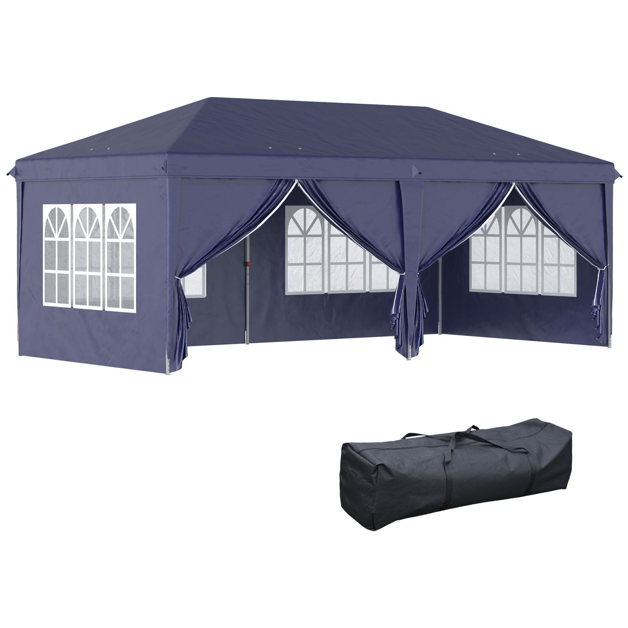 Carpa Plegable 6x3x2,7 m Cenador de Jardín Gazebo Plegable con 4 Paneles 4 Ventanas 2 Puertas con Cremallera 1 Bolsa Anti-UV para Terraza Patio Playa Azul