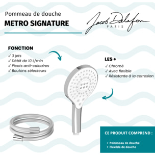 Pommeau de douche 3 jets Metro signature chrome + flexible de douche lisse anti-torsion 160 cm Chrome