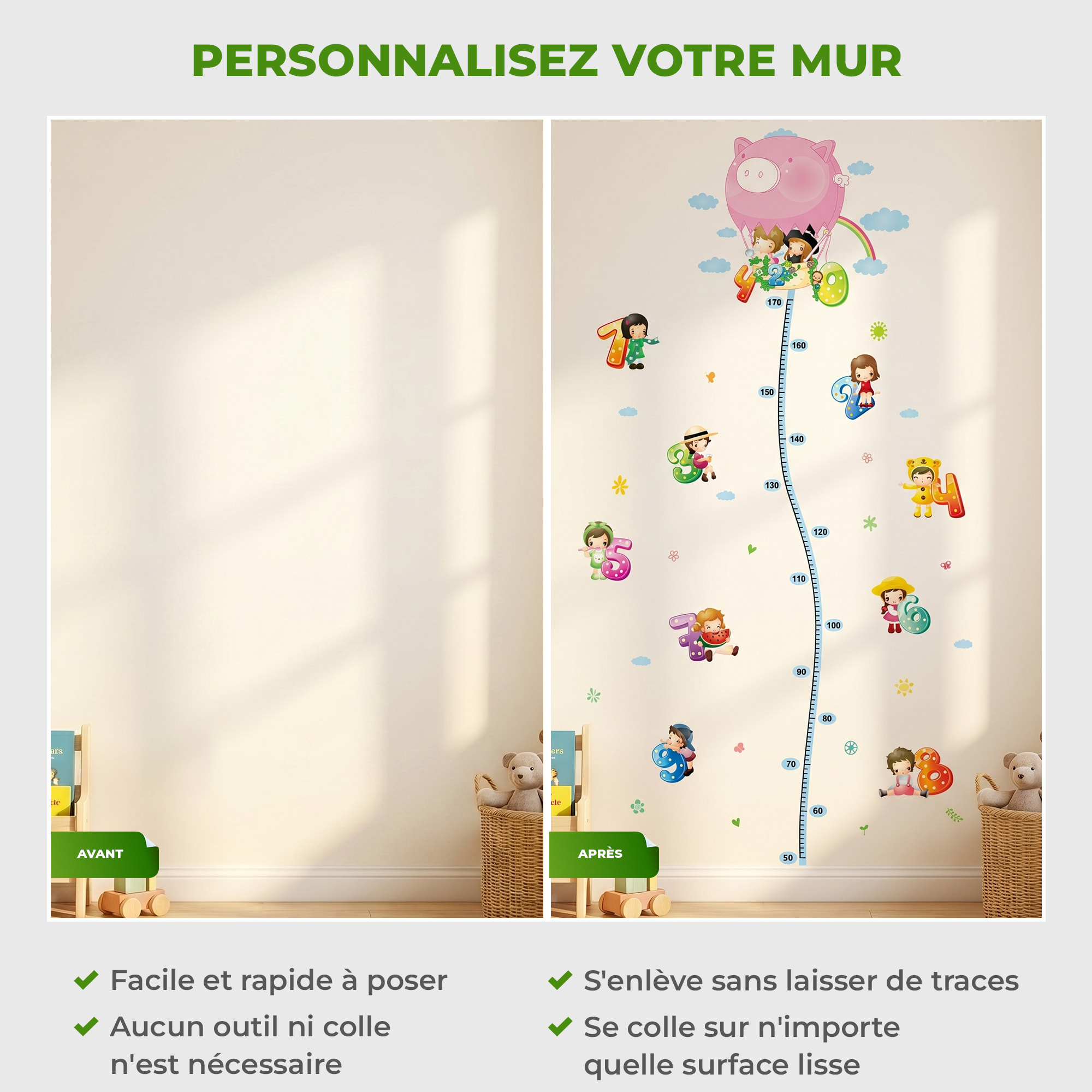 Stickers Muraux décoration adhésifs Toise Enfants avec Montgolfière