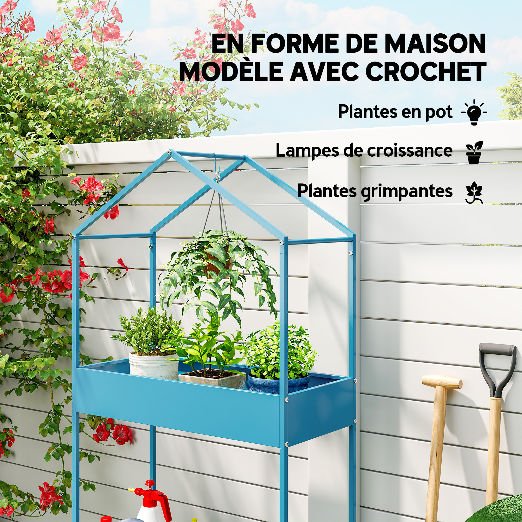 Étagère à plantes en métal 2 niveaux forme de maison bleu
