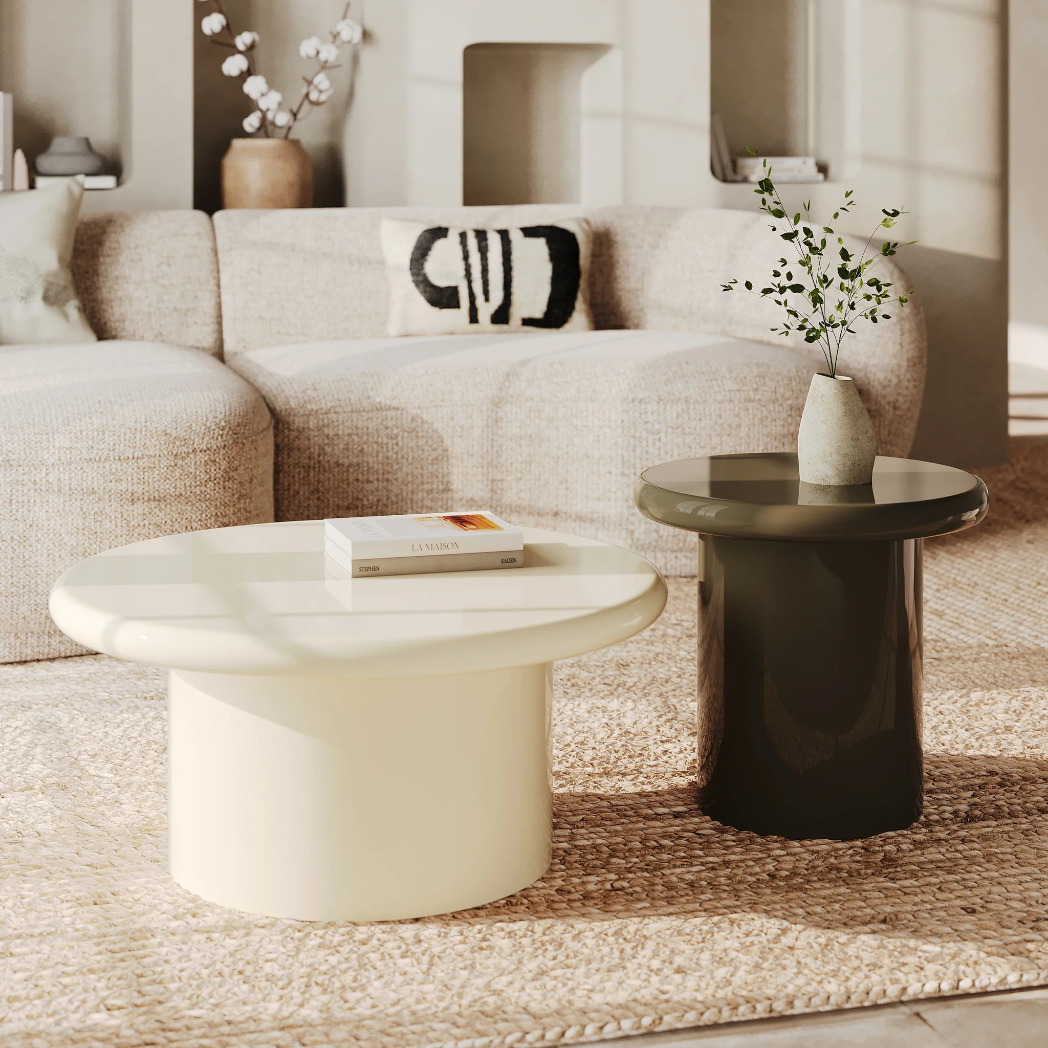Lot de 2 tables basses laquées blanches et kaki en MDF - Apoline