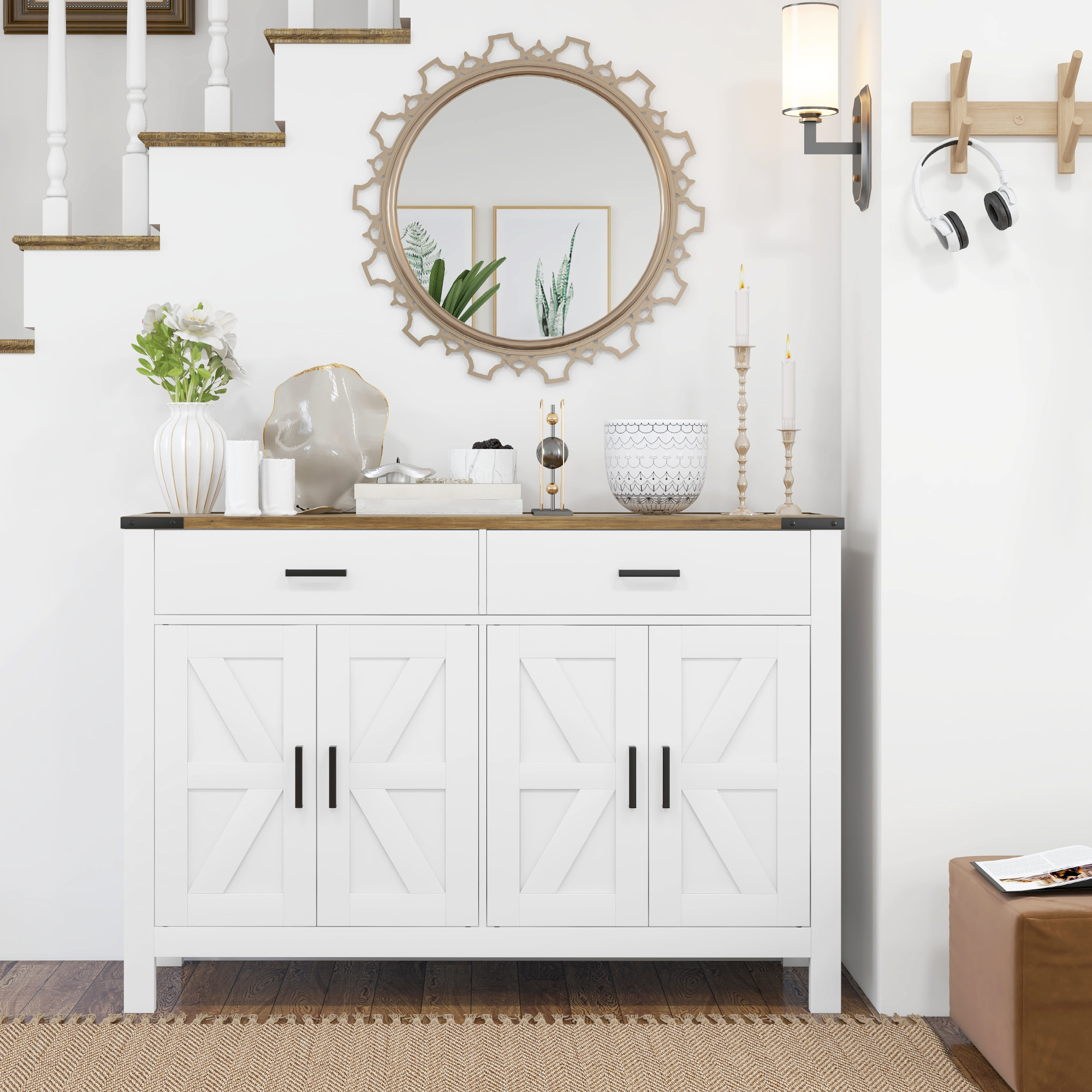 Buffet style rural chic 4 portes façades croisillons 2 étagères 2 tiroirs - dim.120 x 39,3 x 82,5 cm - métal noir effet bois blanc