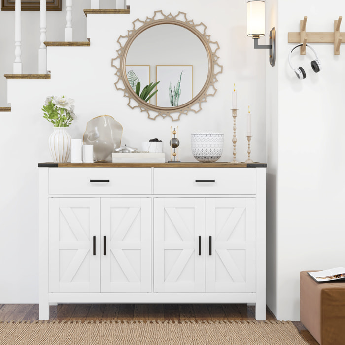 Buffet style rural chic 4 portes façades croisillons 2 étagères 2 tiroirs - dim.120 x 39,3 x 82,5 cm - métal noir effet bois blanc