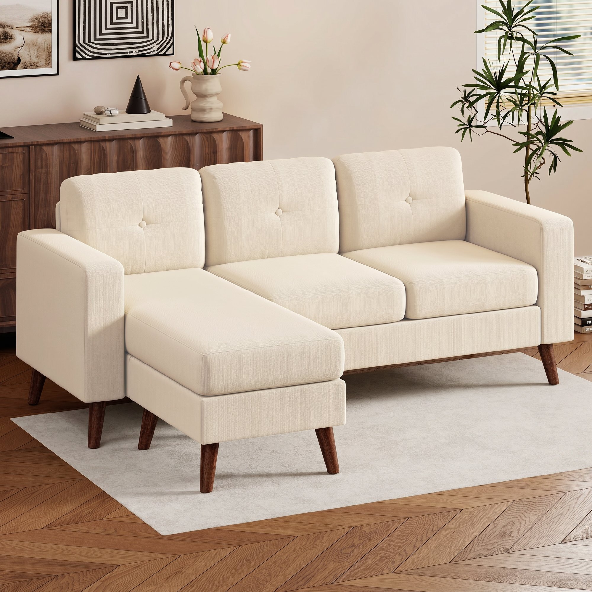 Sofá Chaise Longue Reversible, Sofá Esquinero en Forma de L de 3 Plazas, Tapizado en Pana, Marco de Acero, para Espacios Reducidos, Salón, 192x137x84 cm, Crema