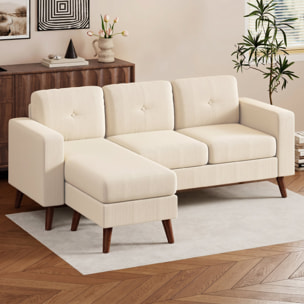Sofá Chaise Longue Reversible, Sofá Esquinero en Forma de L de 3 Plazas, Tapizado en Pana, Marco de Acero, para Espacios Reducidos, Salón, 192x137x84 cm, Crema