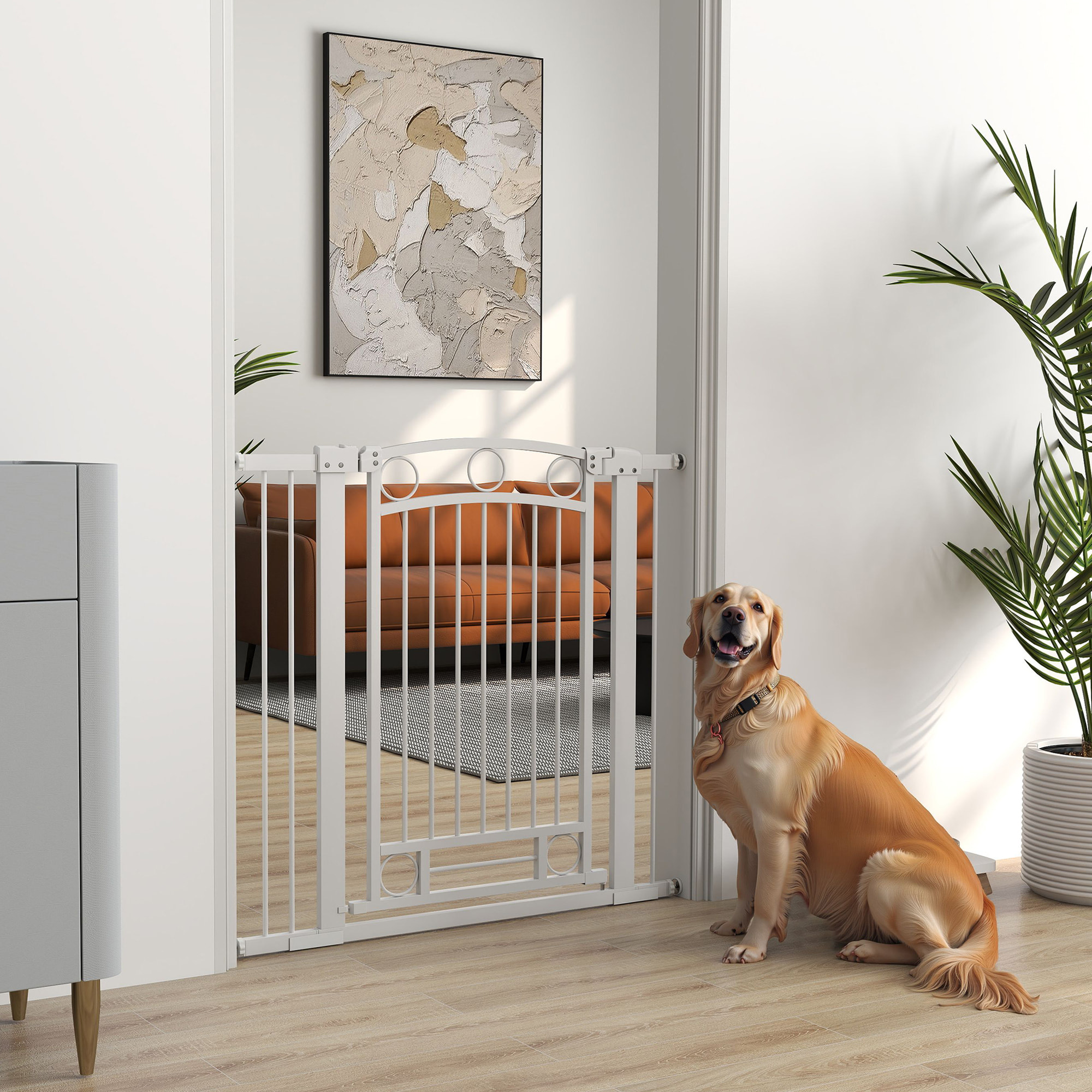 Barrera para Perros Puerta para Perros con Ancho Ajustable 76-104 cm Barrera de Seguridad para Perros Altura 96 cm con 2 Extensiones para Escaleras y Puertas Blanco