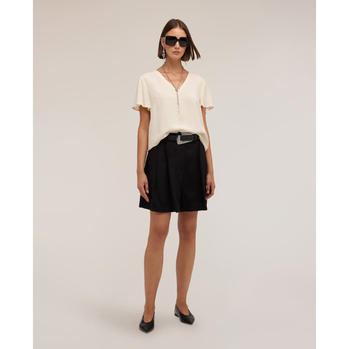 Motivi - Shorts a vita alta in misto lino con pinces - Nero