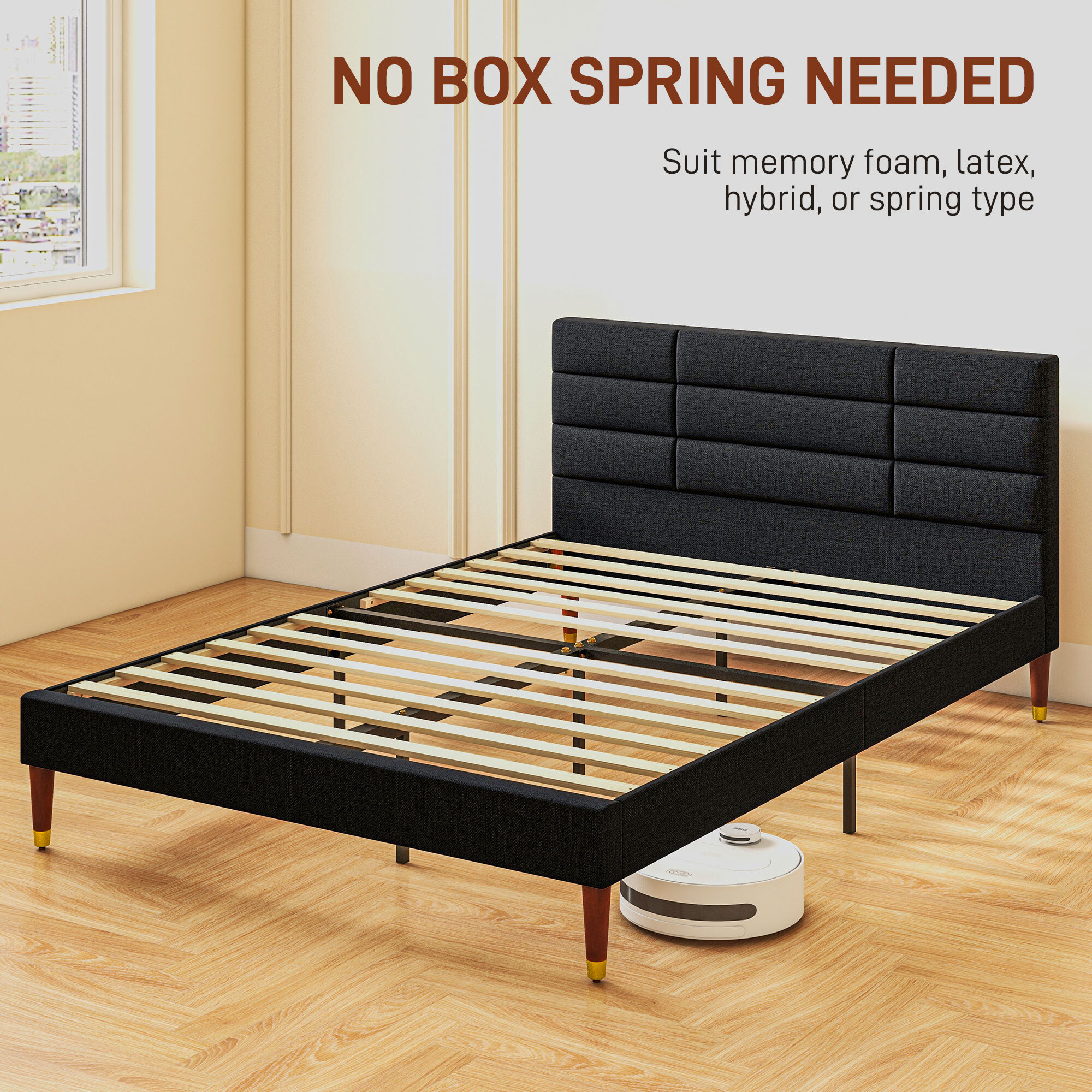 Lit double - tête de lit, pied de lit et sommier - compatible matelas 140 x 200 cm - tissu noir