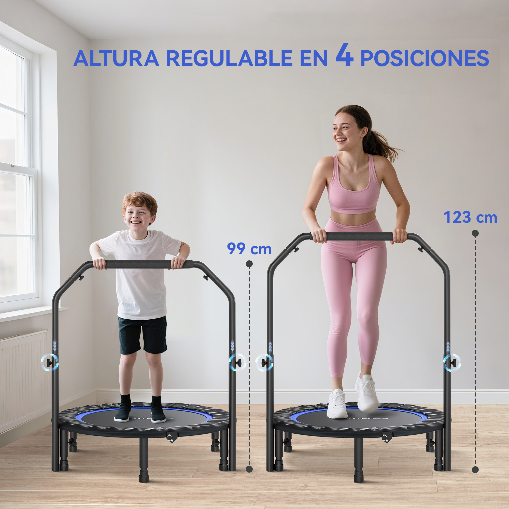 Trampolín de Fitness Adultos Ø102 cm, Cama Elástica Plegable con Mango Ajustable de 4 Niveles y Bandas, para Entrenamiento Piernas Cuerpo en Hogar Oficina Gimnasio Exterior, Carga 150 kg Azul