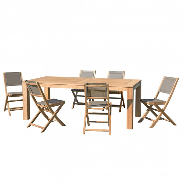 HALICE - SALON DE JARDIN EN BOIS TECK 6/8 pers -1 Table rectangulaire 220*100 cm et 6 chaises textilène taupe