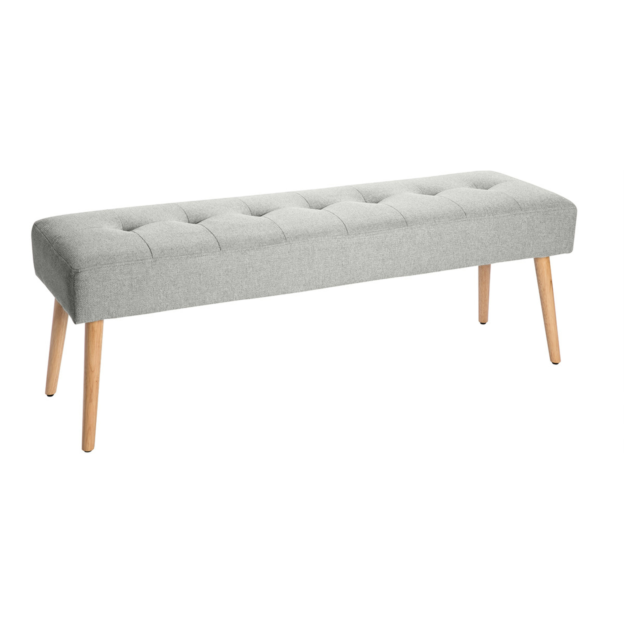 Banc scandinave capitonné en tissu effet velours texturé gris clair et bois clair L130 cm GUESTA