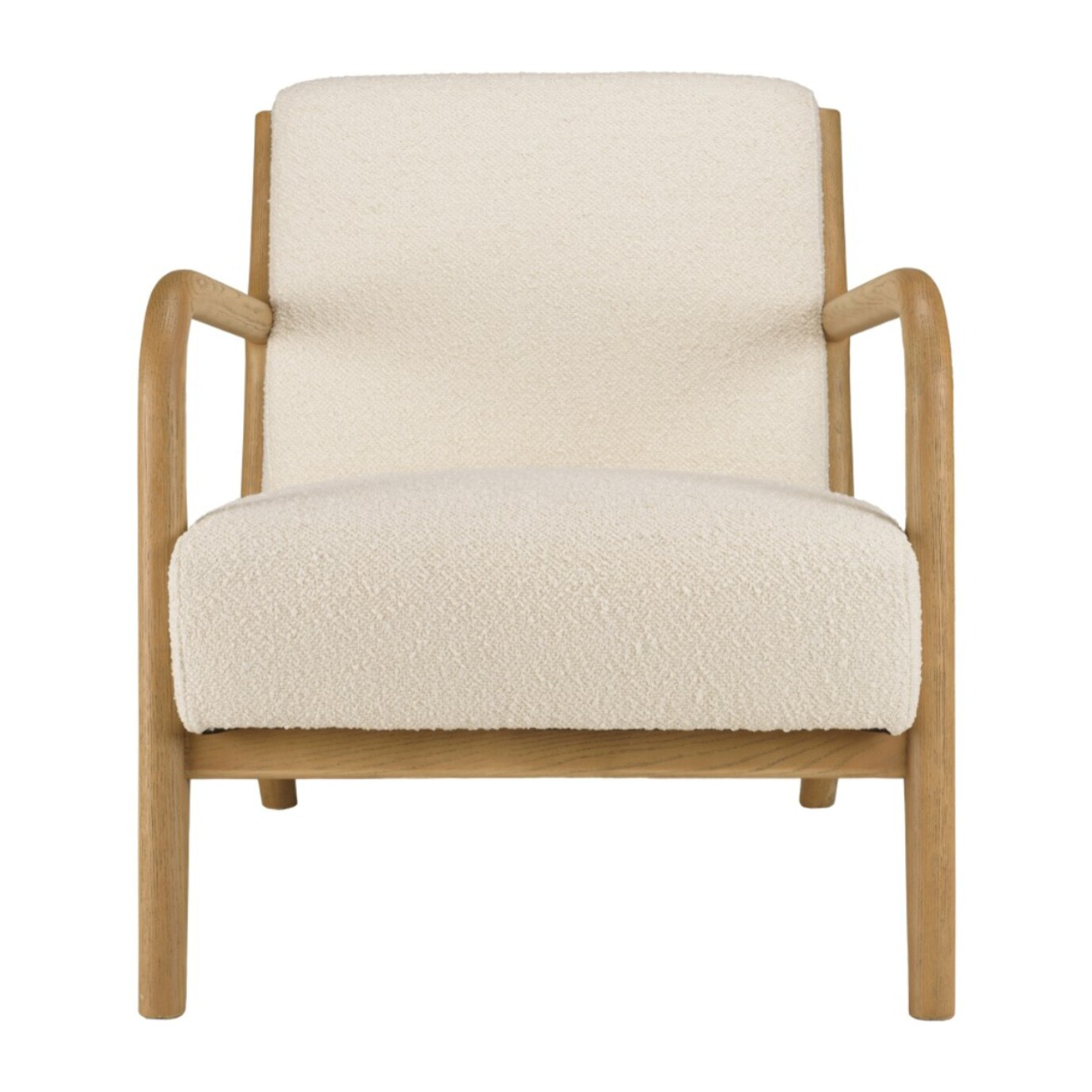 PIERRE - Fauteuil bas tissu bouclette écru structure et accoudoirs bois