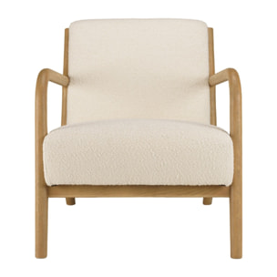 PIERRE - Fauteuil bas tissu bouclette écru structure et accoudoirs bois