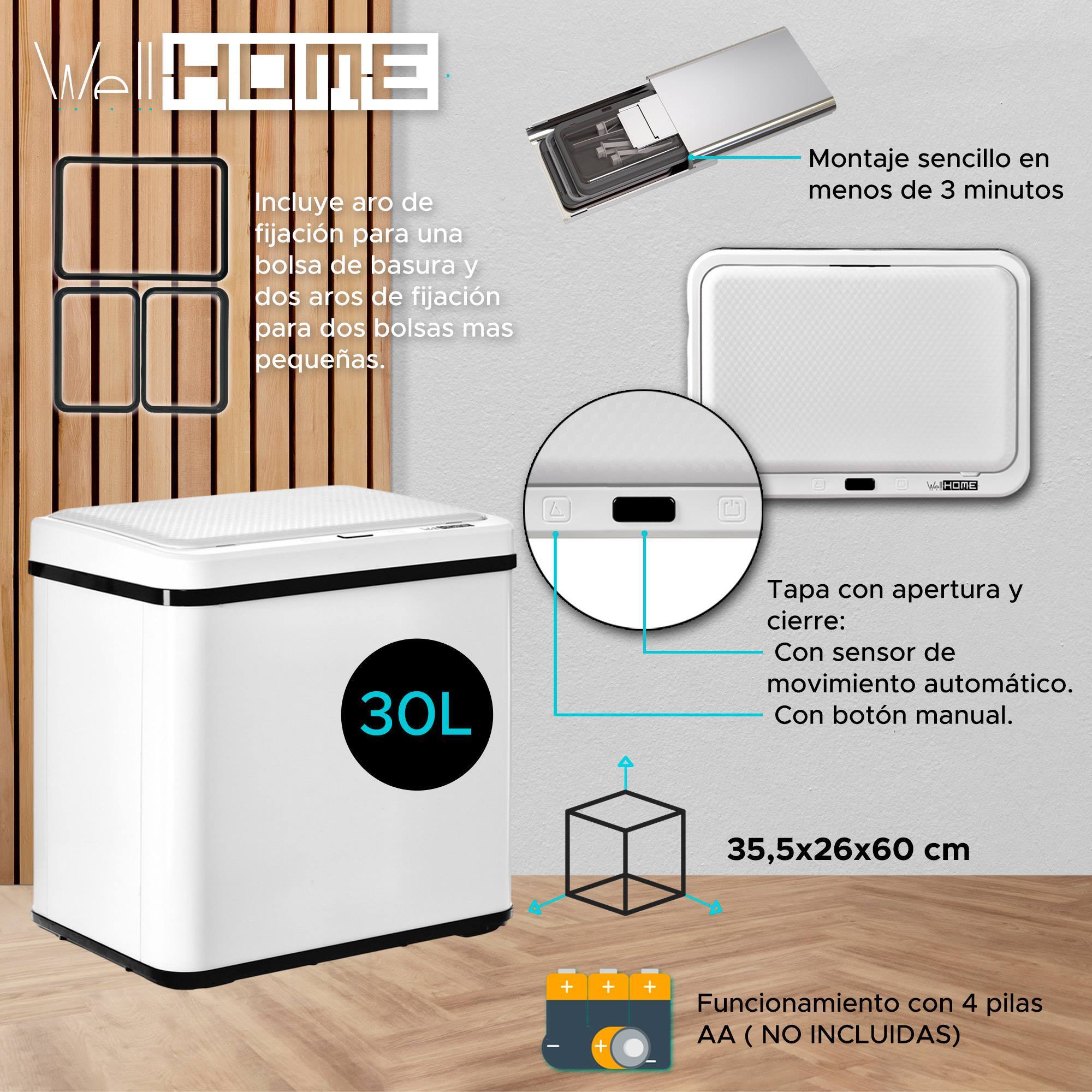 Well home - cubo de basura inteligente sin patas con apertura automática y contacto manual 30l, 35,5x26x60cm color blanco