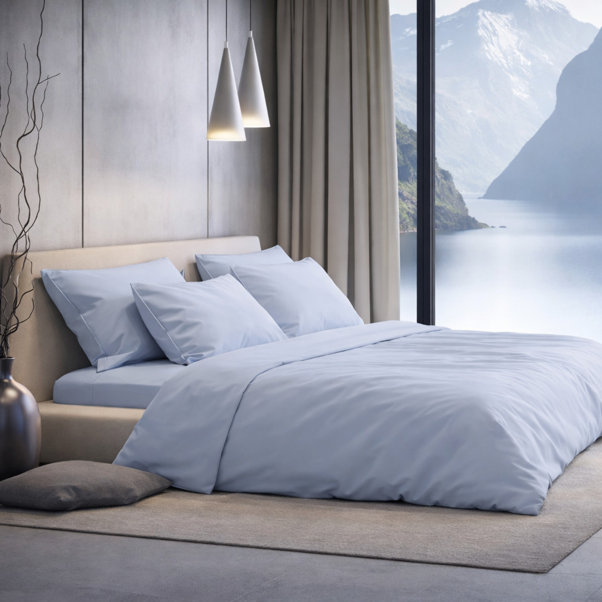SARTORIALE Completo letto Elegance Tinta Unita in Percalle_Matrimoniale_Azzurro Polvere
