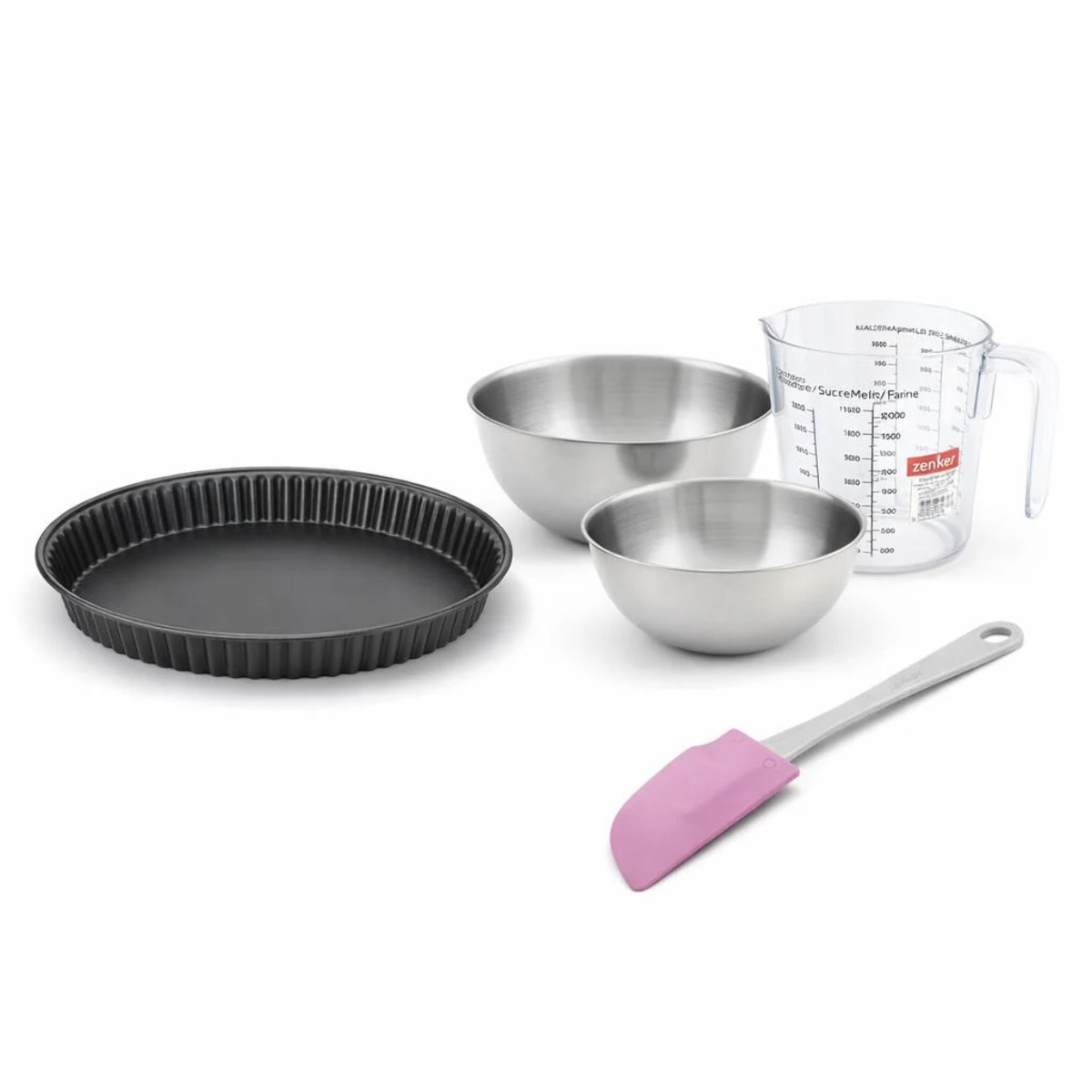 Set pâtisserie avec moule à quiche lorraine antiadhésif, 2 bols à mixer, verre mesureur et spatule Zenker
