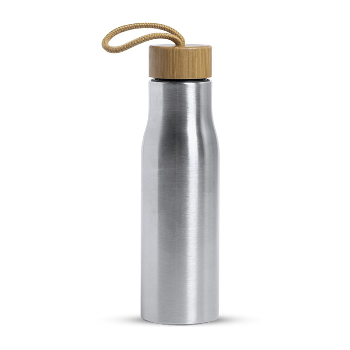 Dropun bidón Nature 600ml. Cuerpo de acero inox y tapón en bambú con cinta de transporte. Libre de BPA.