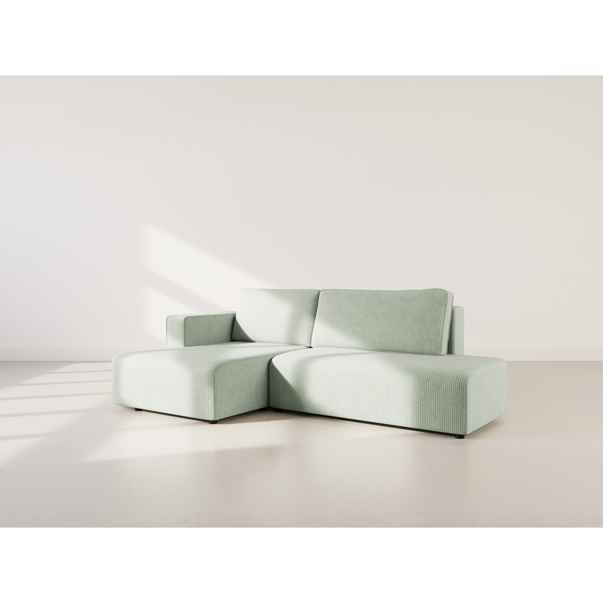 Topaze - canapé d'angle gauche 4 places convertible avec coffre en velours côtelé - Vert sauge