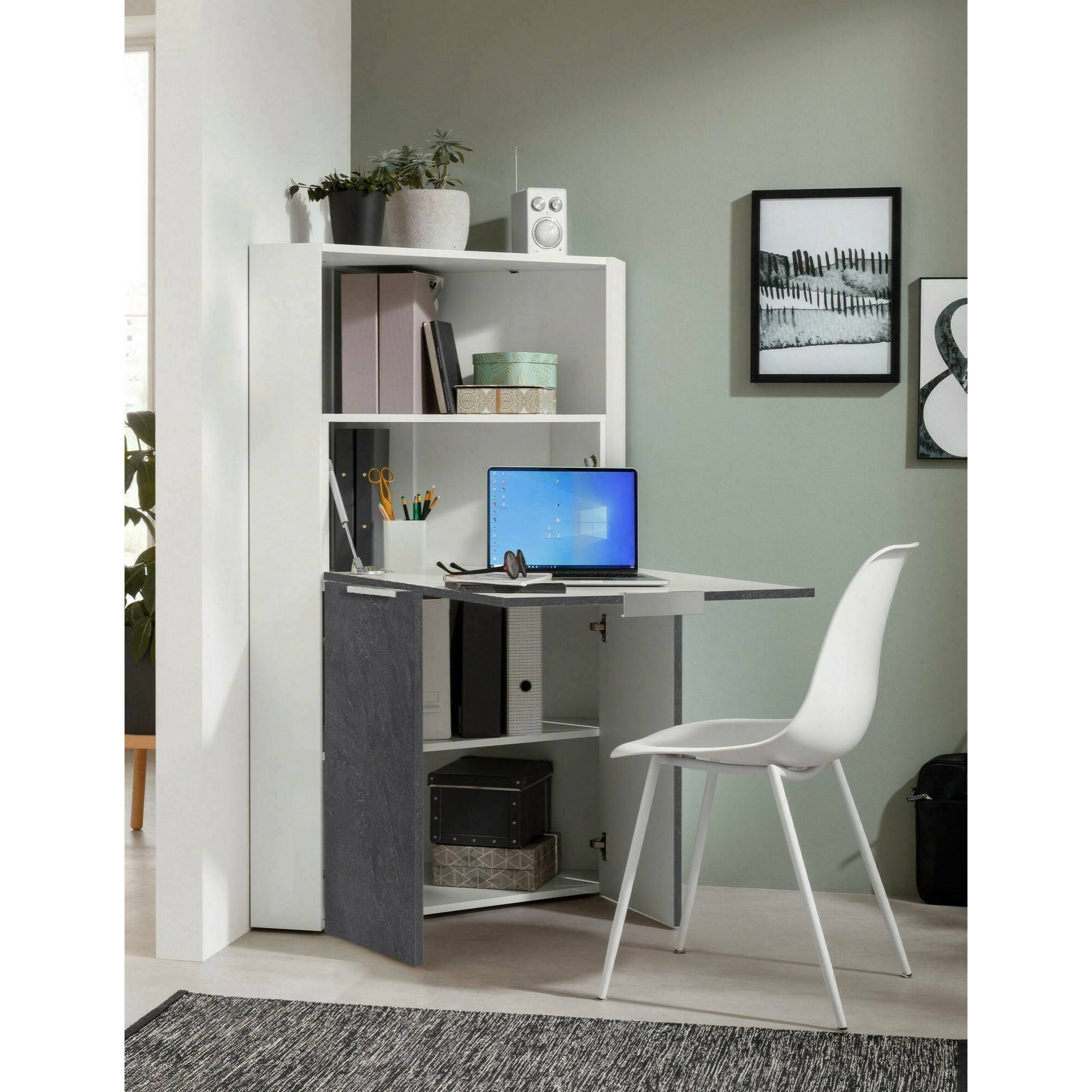 Scrivania Dcallejo, Mobile ad angolo con scaffali e piano da lavoro, Tavolo multiuso per ufficio, Scrivania salvaspazio, 100% Made in Italy, cm 70x57h140, Bianco e Ardesia