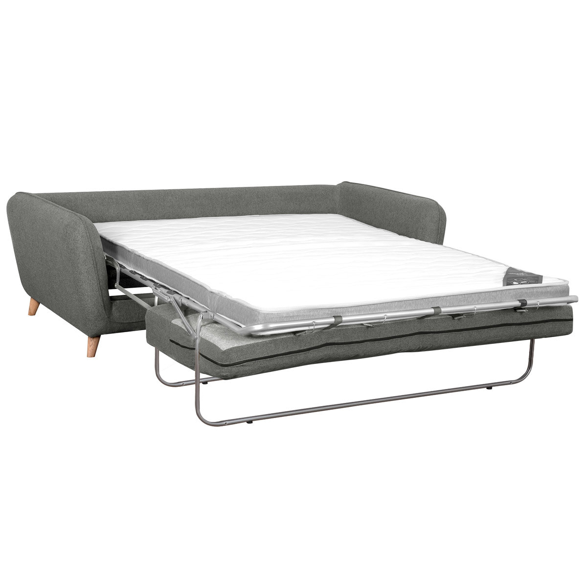 Canapé convertible scandinave 3 places en tissu gris anthracite et bois clair avec matelas 10 cm CREEP