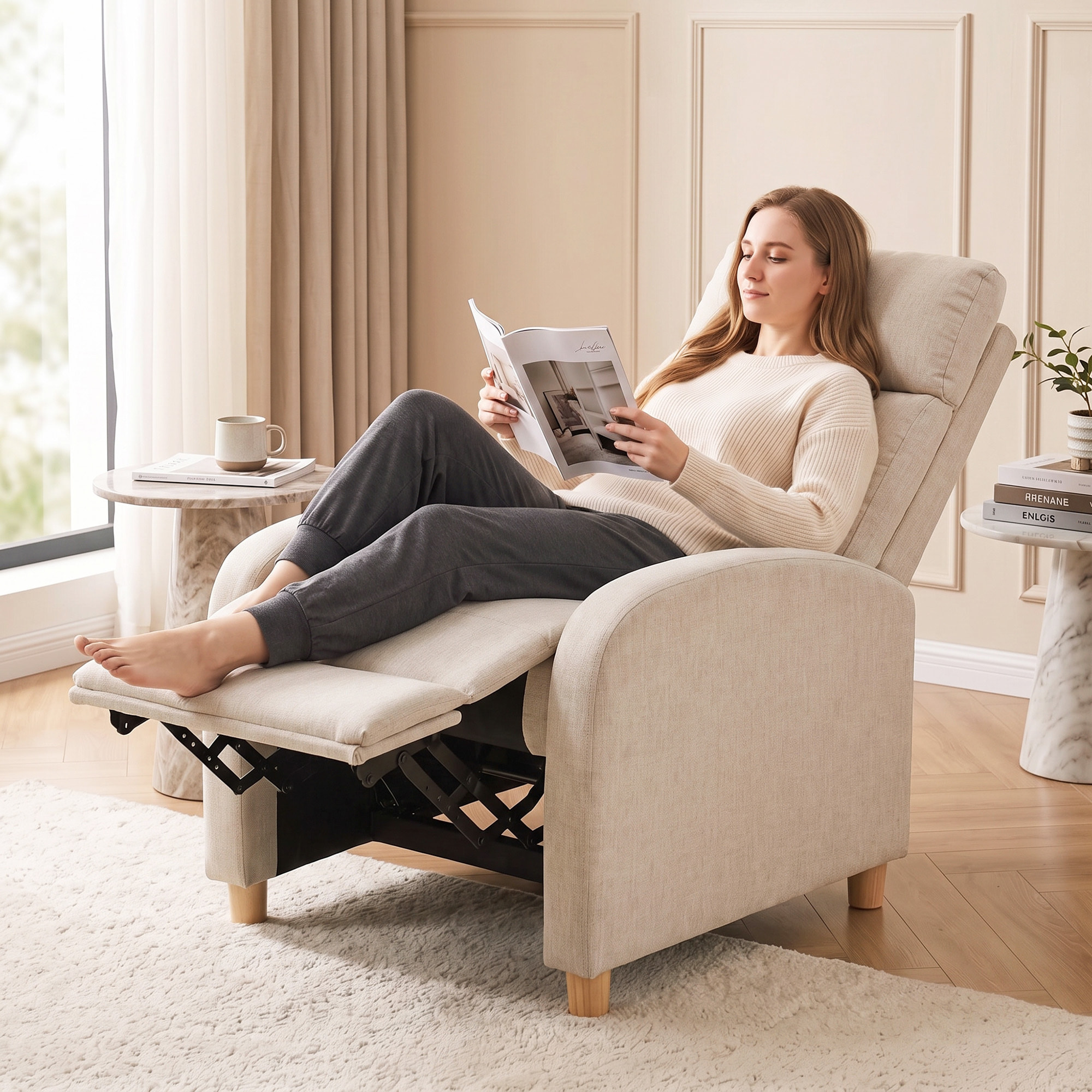 Sillón Relax Reclinable, Sillón Reclinable Manual hasta 135°, Tapizado en Lino, Reposapiés, Muelles Ensacados, Respaldo Alto Grueso y Patas de Madera para Salón, Oficina, Beige