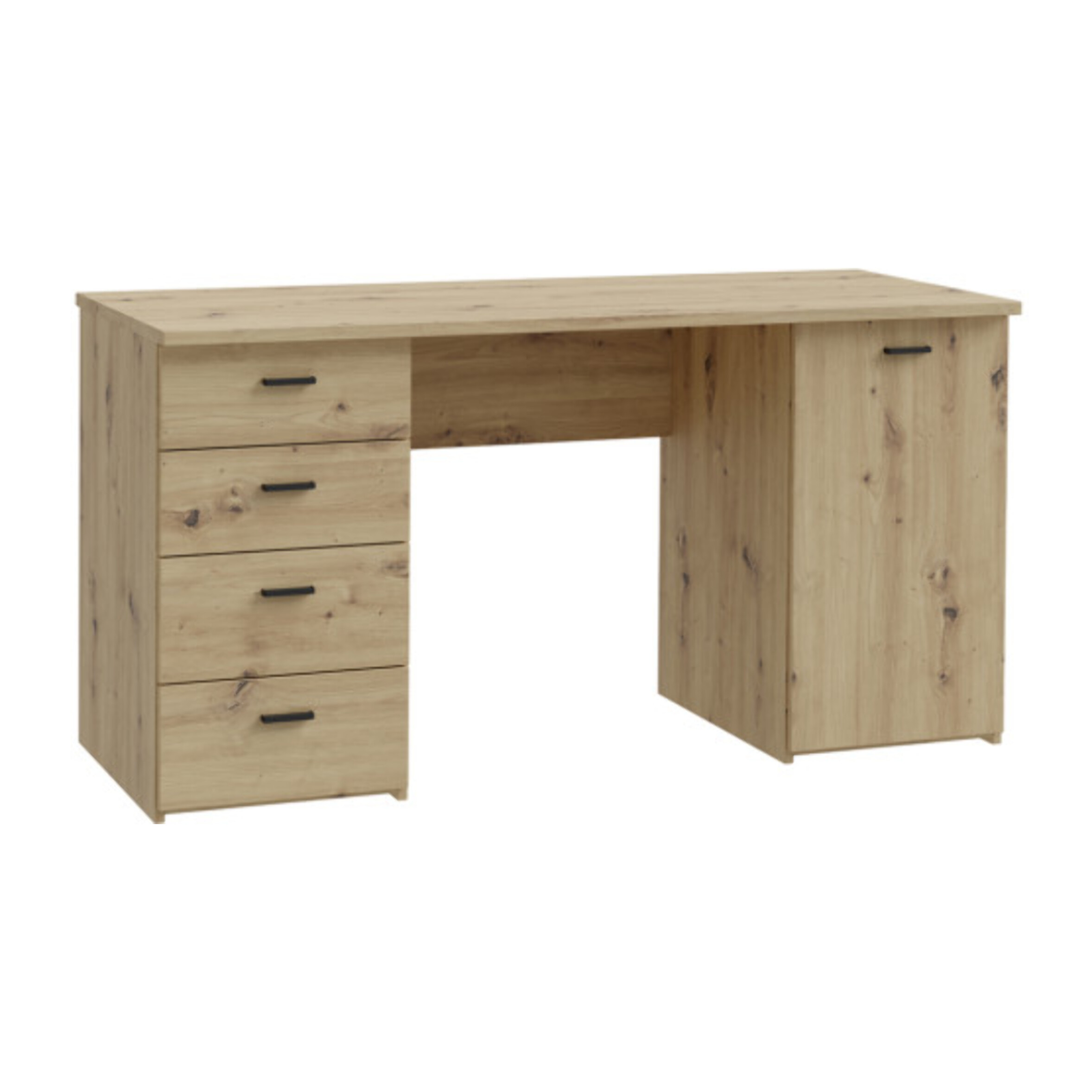 Bureau droit 1 placard 4 tiroirs 145 cm décor en bois chêne - GOTHAM