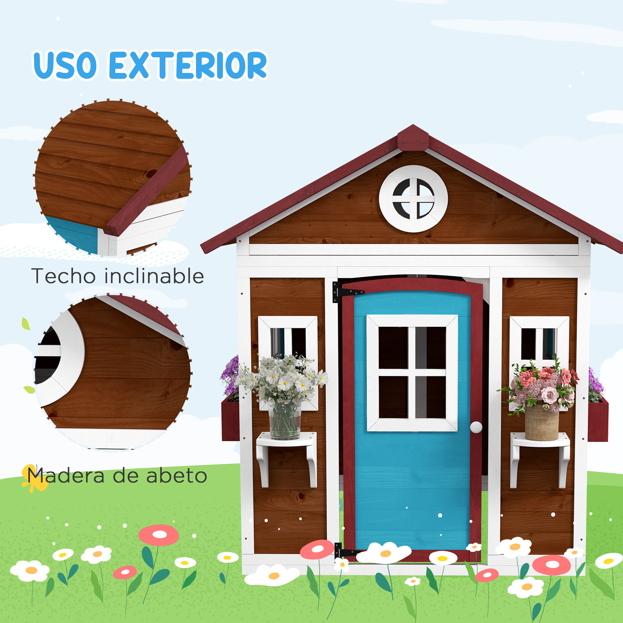 Casa de Jardín Infantil Casa de Madera para Niños con Puerta Ventanas Jardineras y Soportes de Flores 114x126,4x135 cm Marrón Oscuro