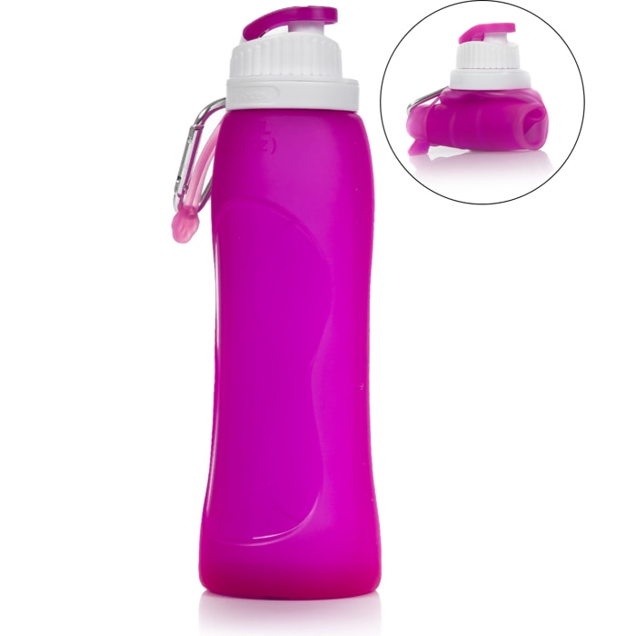 Bottiglia pieghevole arrotolabile da 500 ml, in silicone di grado alimentare. Con moschettone.