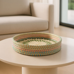 Plateau rond en jonc de mer et coquillages 33cm PAROS