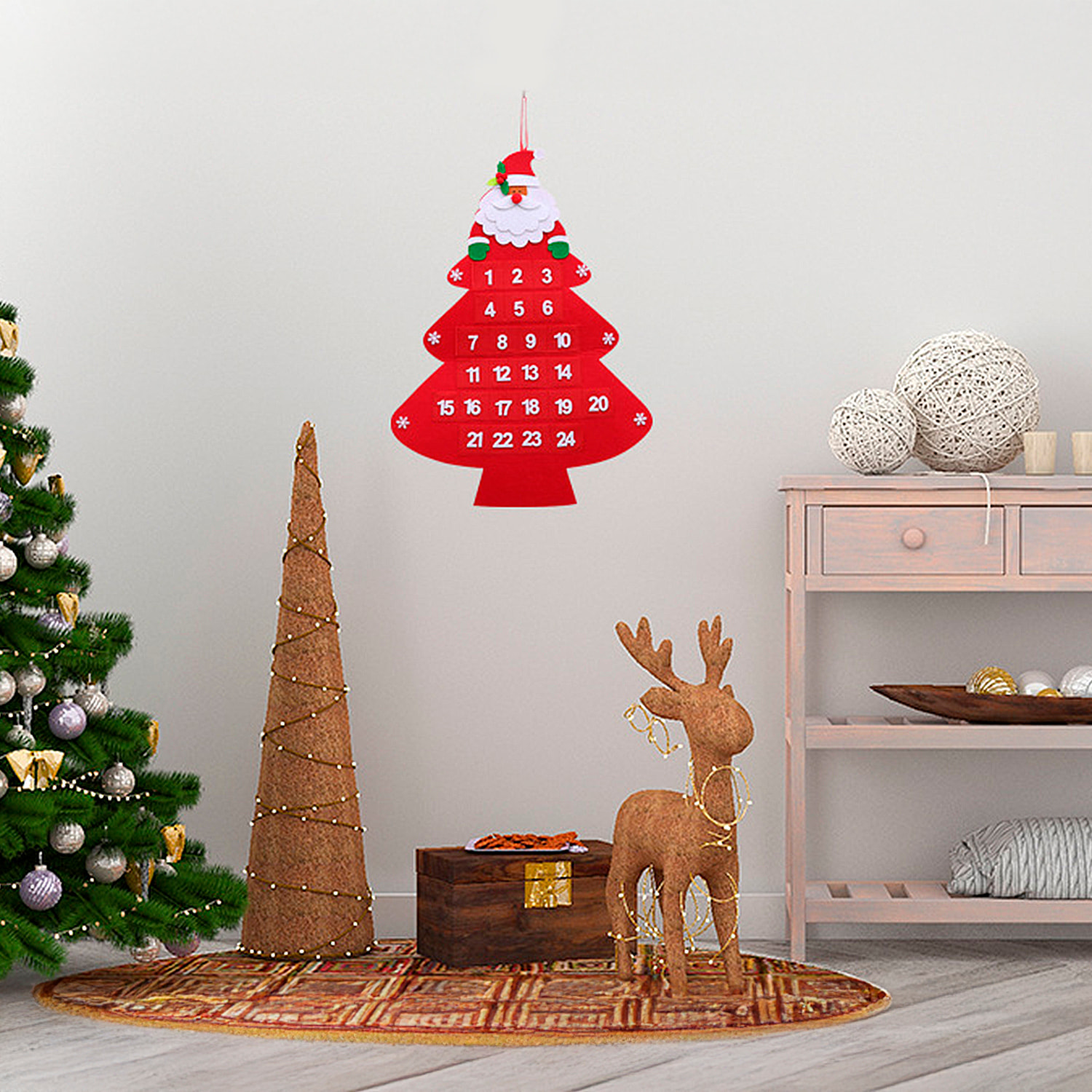 Calendario de adviento con diseño de árbol de navidad y Papa Noel para colgar. 59cm.