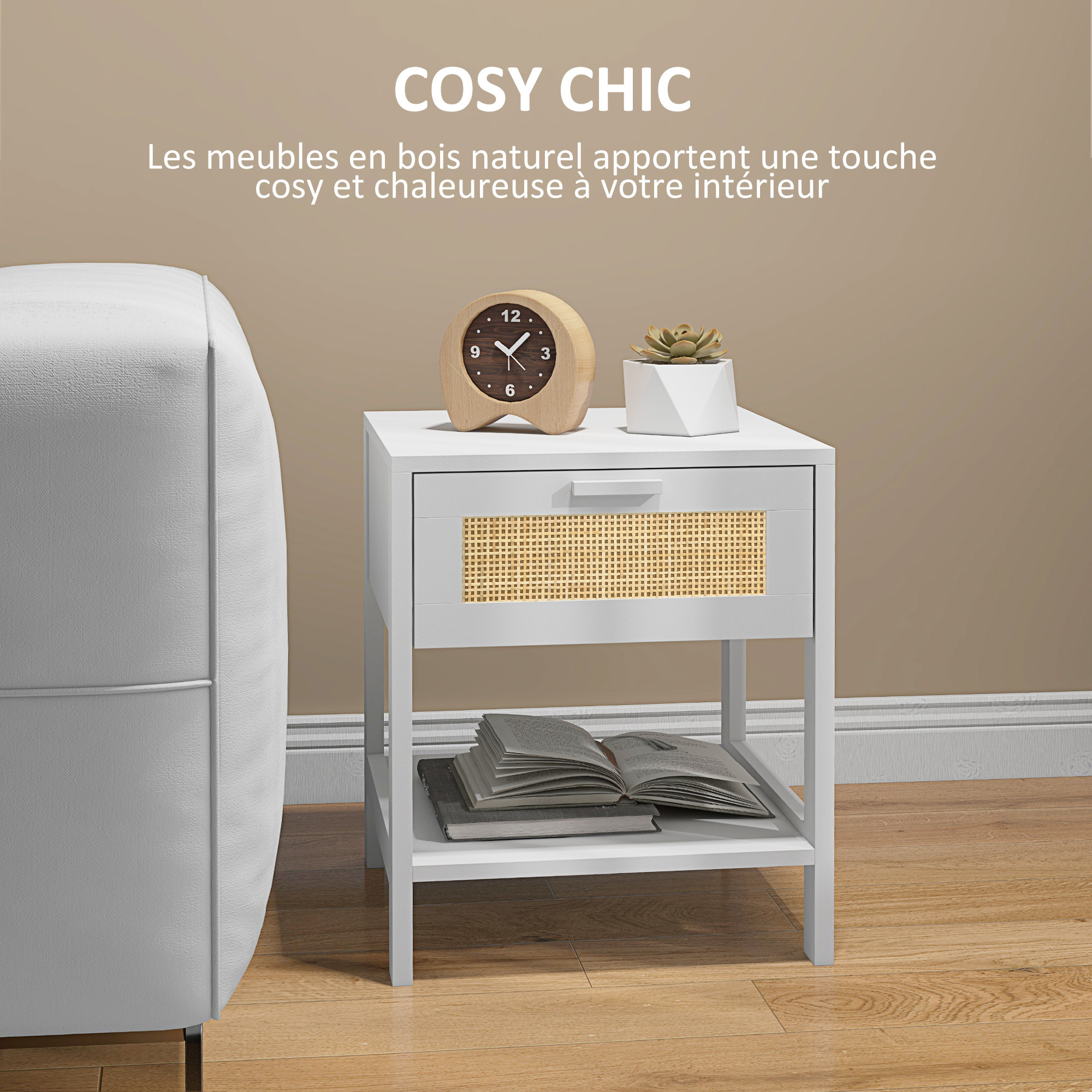 Table de chevet tiroir et étagère cannage en rotin dim. 40L x 40l x 48H cm MDF aspect bois blanc