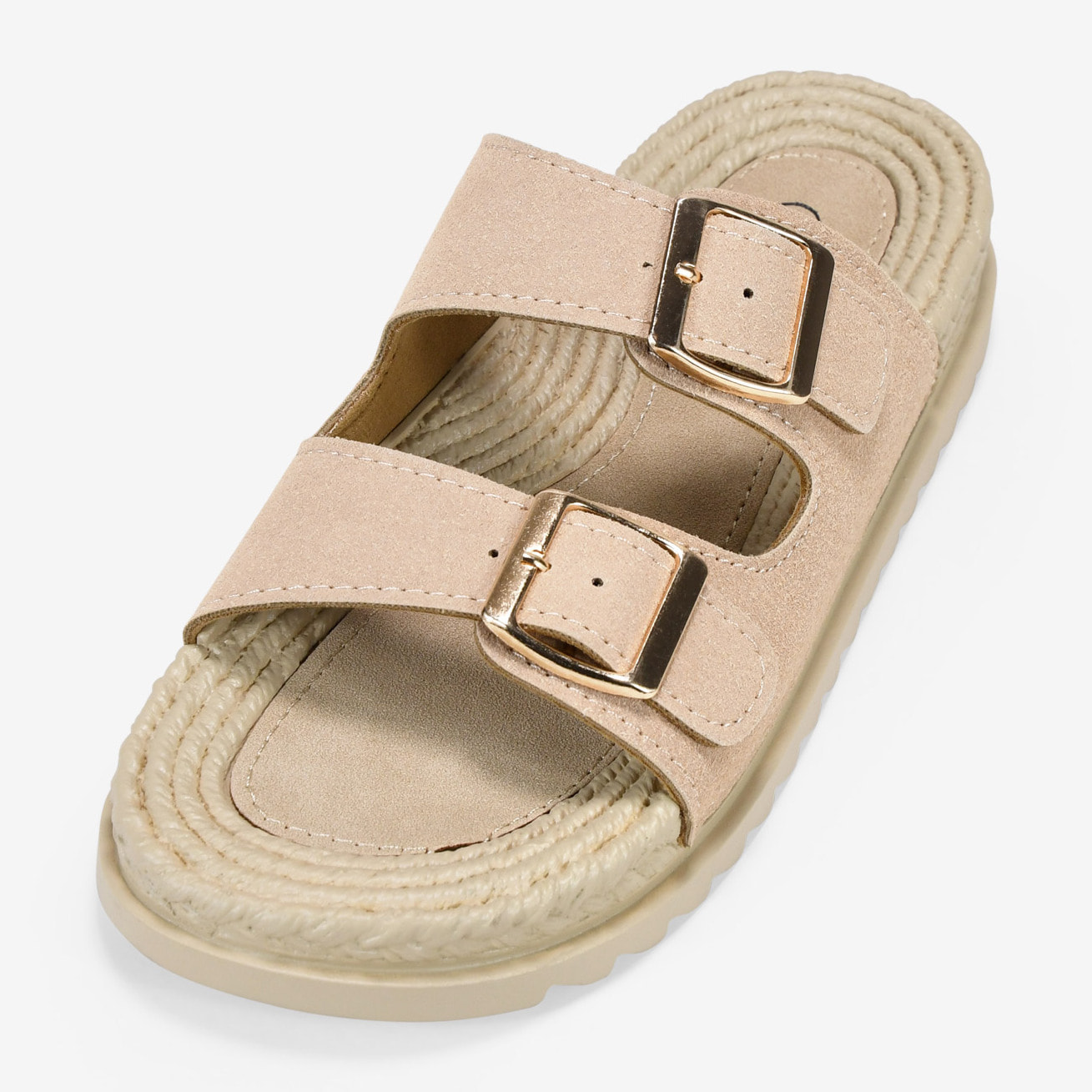 Sandalias planas arena con hebillas metálicas