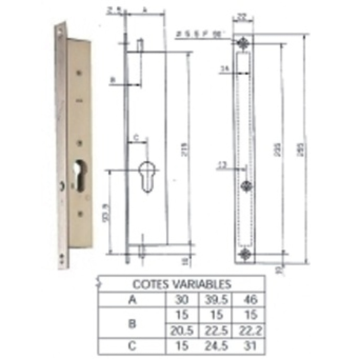 Serrure à encastrer 2 points haut et bas METALUX N30-30 mm - axe 15mm - Sans gâche - F130303000